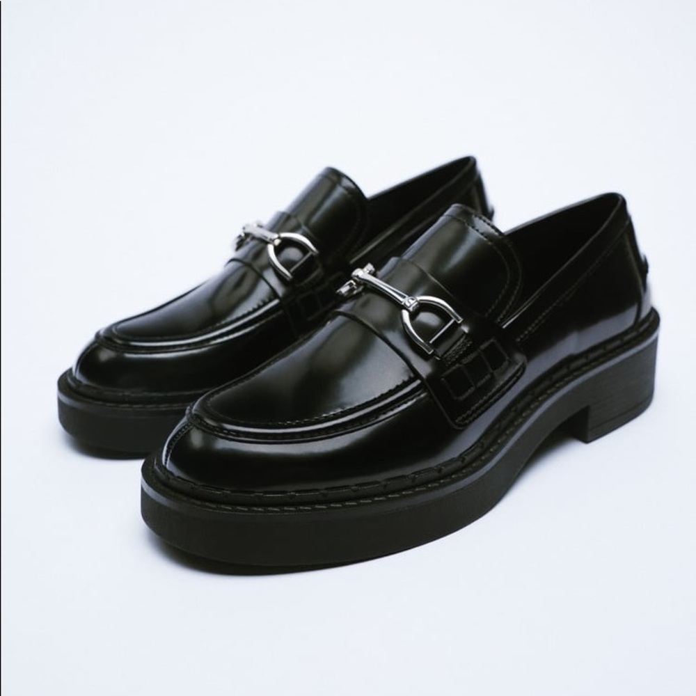 Black Flat Lug Sole Zara Loafers